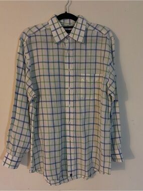 100% Linen White Plaid Dress Shirt with Blue & Green Check